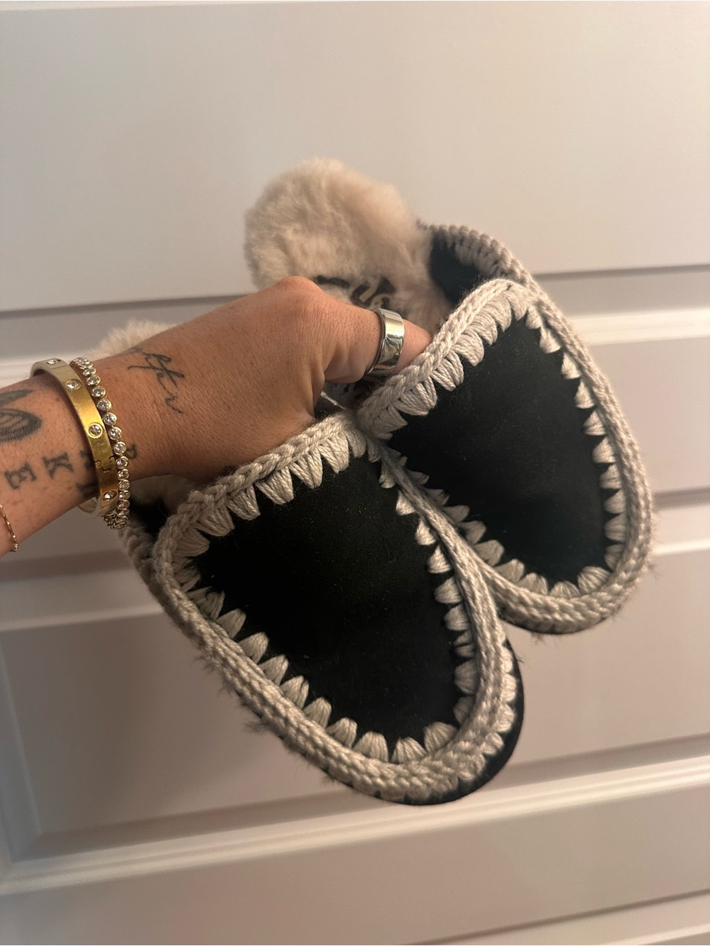 Mou Black Moccasin Mules with Cream Trim
